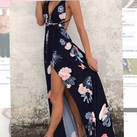 YOINS Dresses & Skirts - NWT Yoins S open back slit maxi dress floral navy